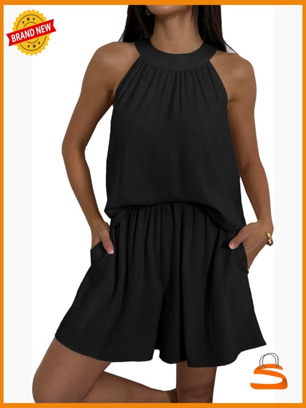Linen Cotton 2 Piece Short Set Sleeveless Halter Neck Lounge Outfit